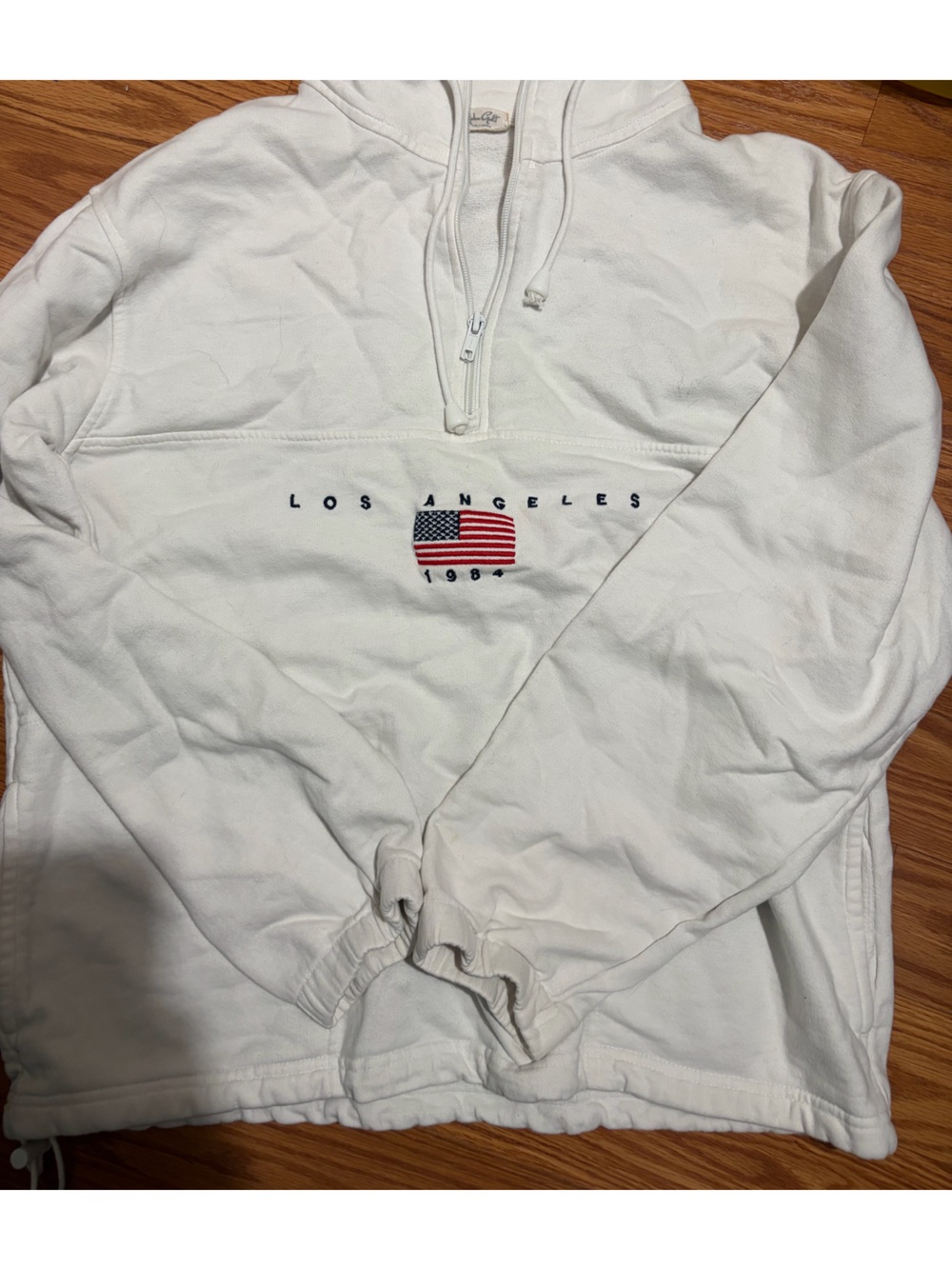 Brandy Melville White Crew-Neck Pullover with Flag Embroidery